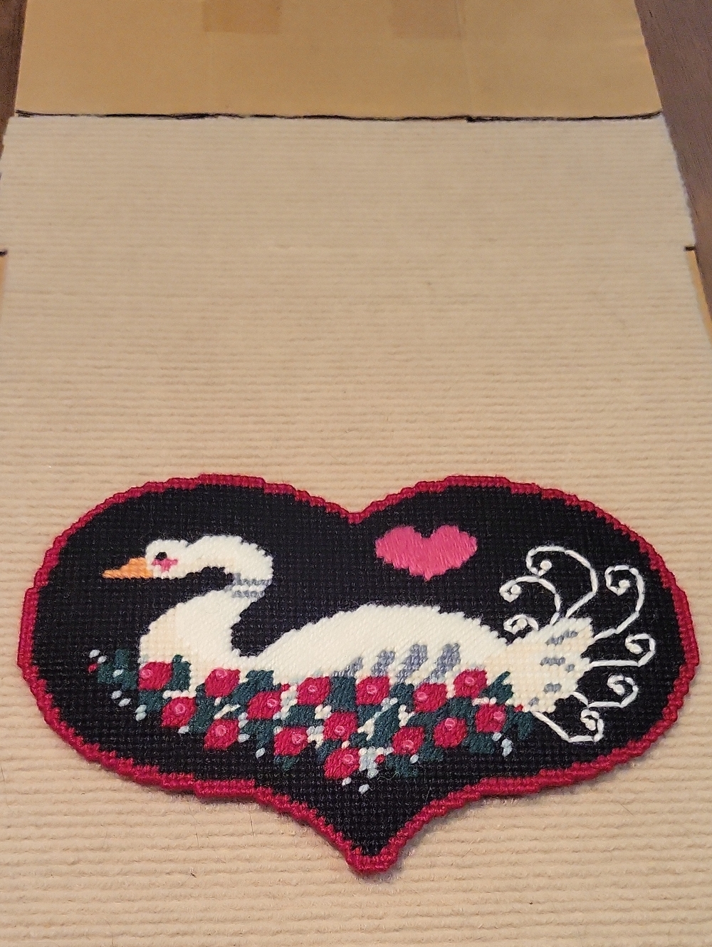 Handmade Yarn Needlepoint Plastic Canvas Heart Swan Wall Hanging